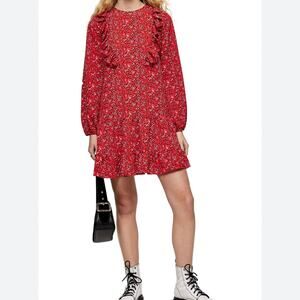 Topshop Womens Ruffle Trim Long Sleeve Dress Size 6 Red Dotted
